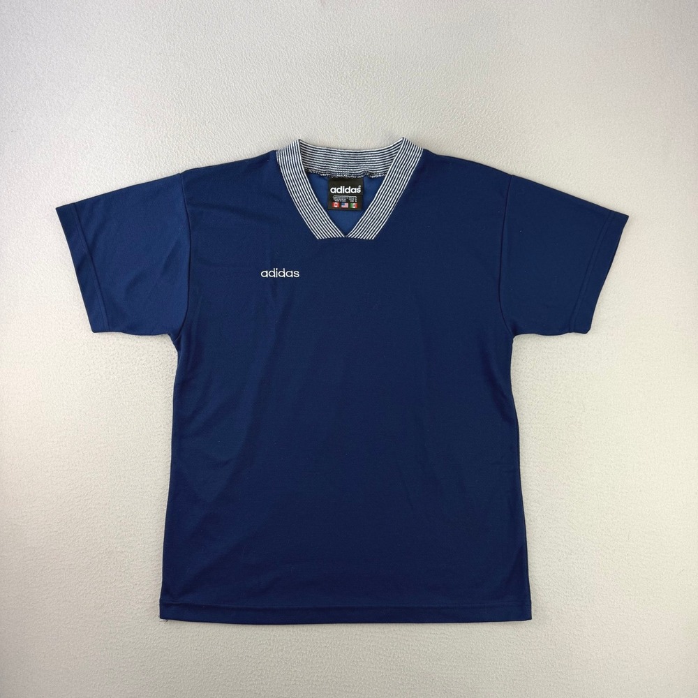 Vintage adidas Soccer Jersey T-Shirt Mens Small Blue Knit V-Neck Made in USA 80s